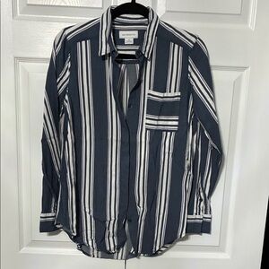 Liz Claiborne Navy and White Striped Button Down Shirt